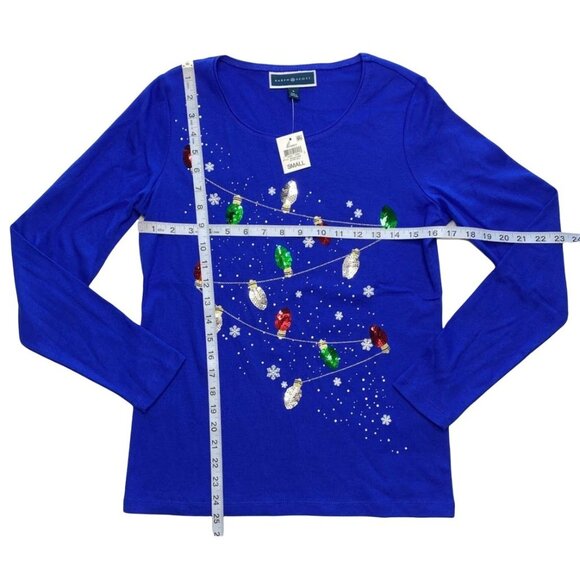Karen Scott Sequin Shirt Top Women's SMALL Blue Seasonal Lights Long-Sleeve NEW - Picture 3 of 9